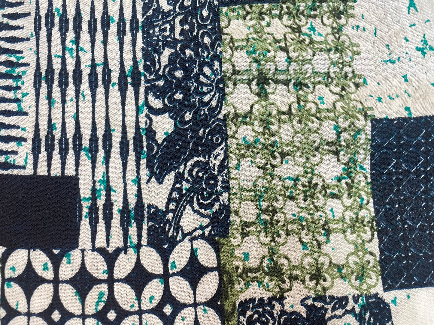Textured Lightweight Cotton - Patchwork Print - Blue, White & Green