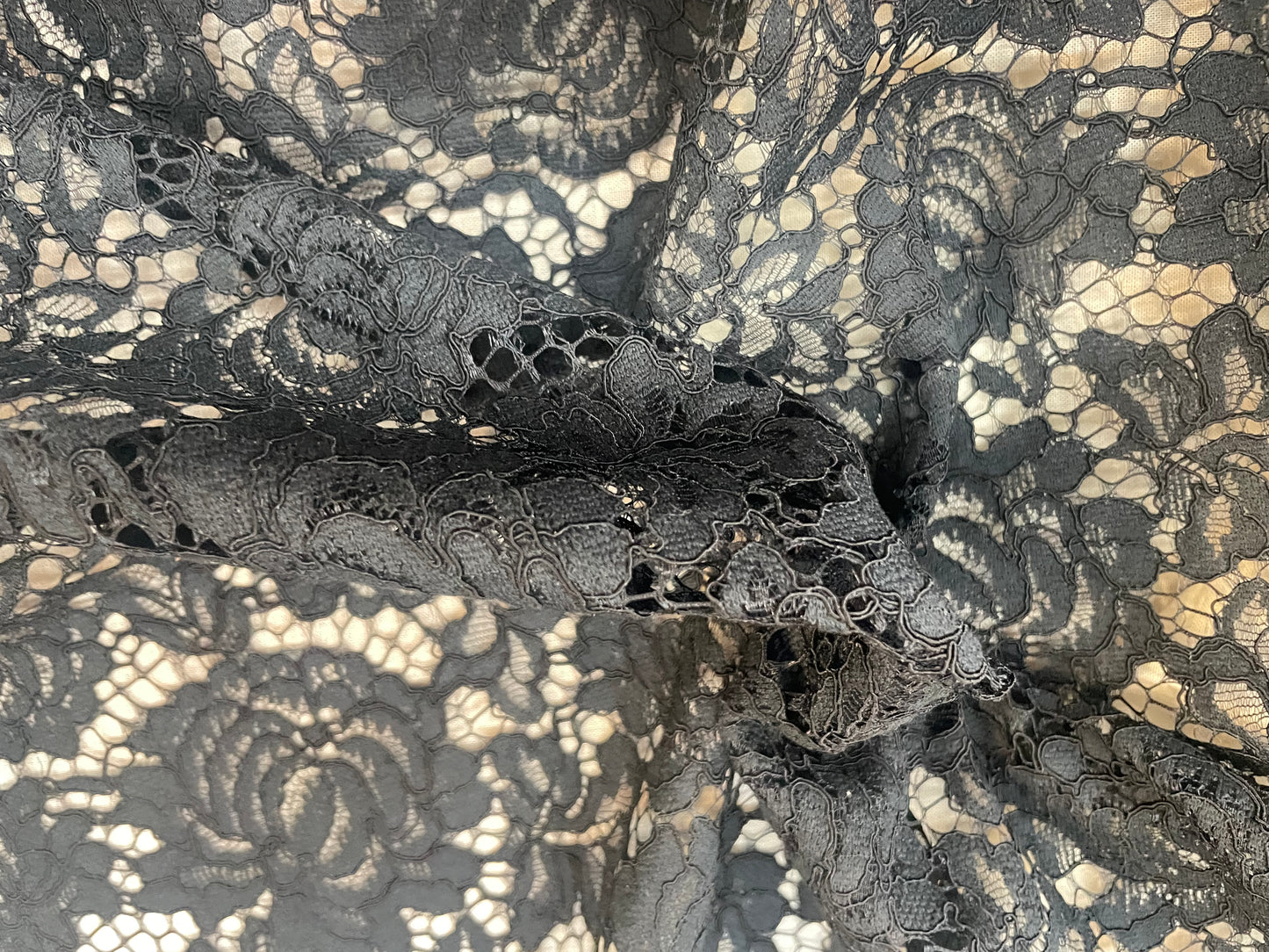Lightweight Scalloped Black Corded Lace - Black Floral