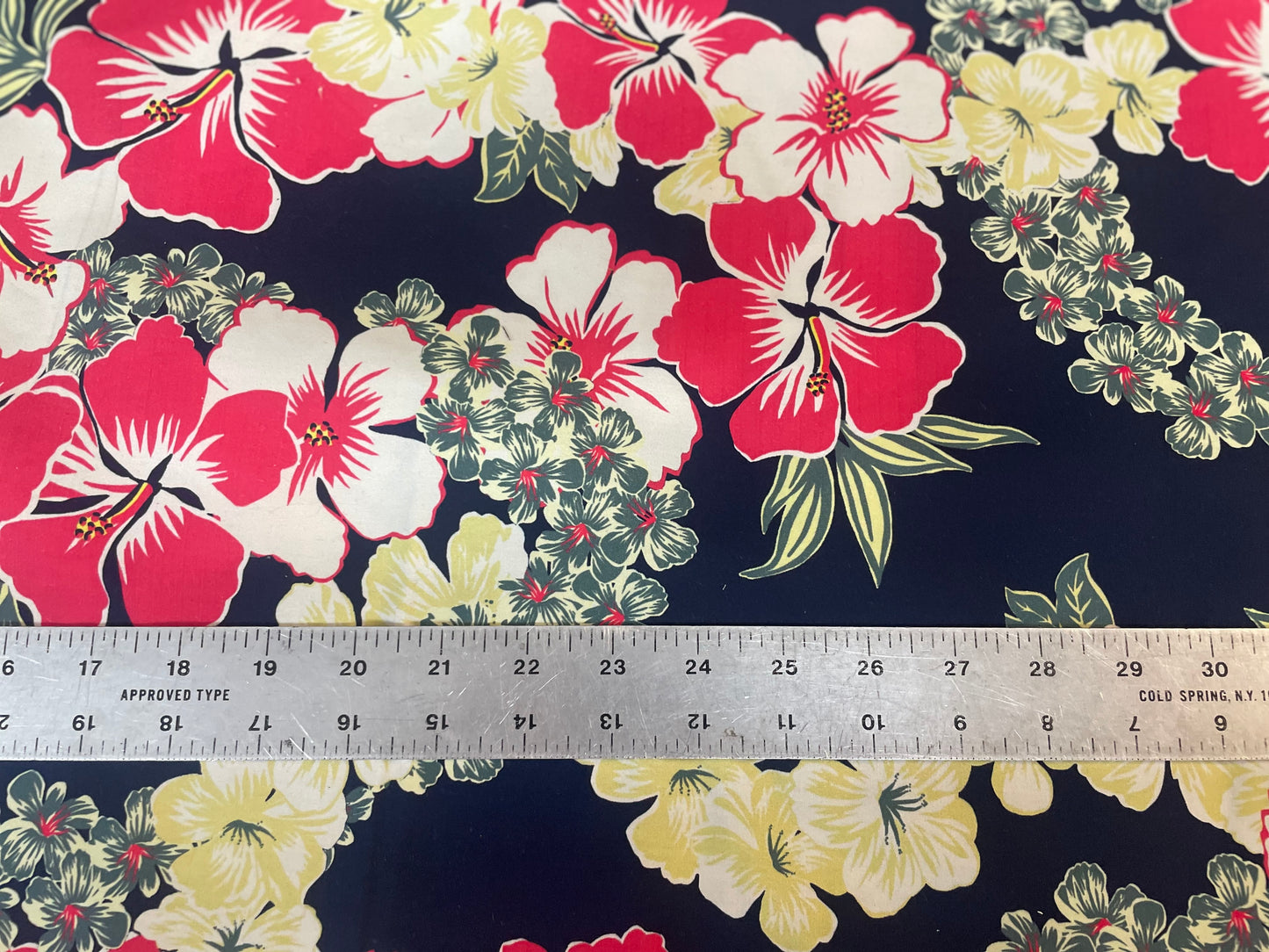 Designer Hawaiian Floral Print Cotton Poplin - Navy, Pink & Yellow