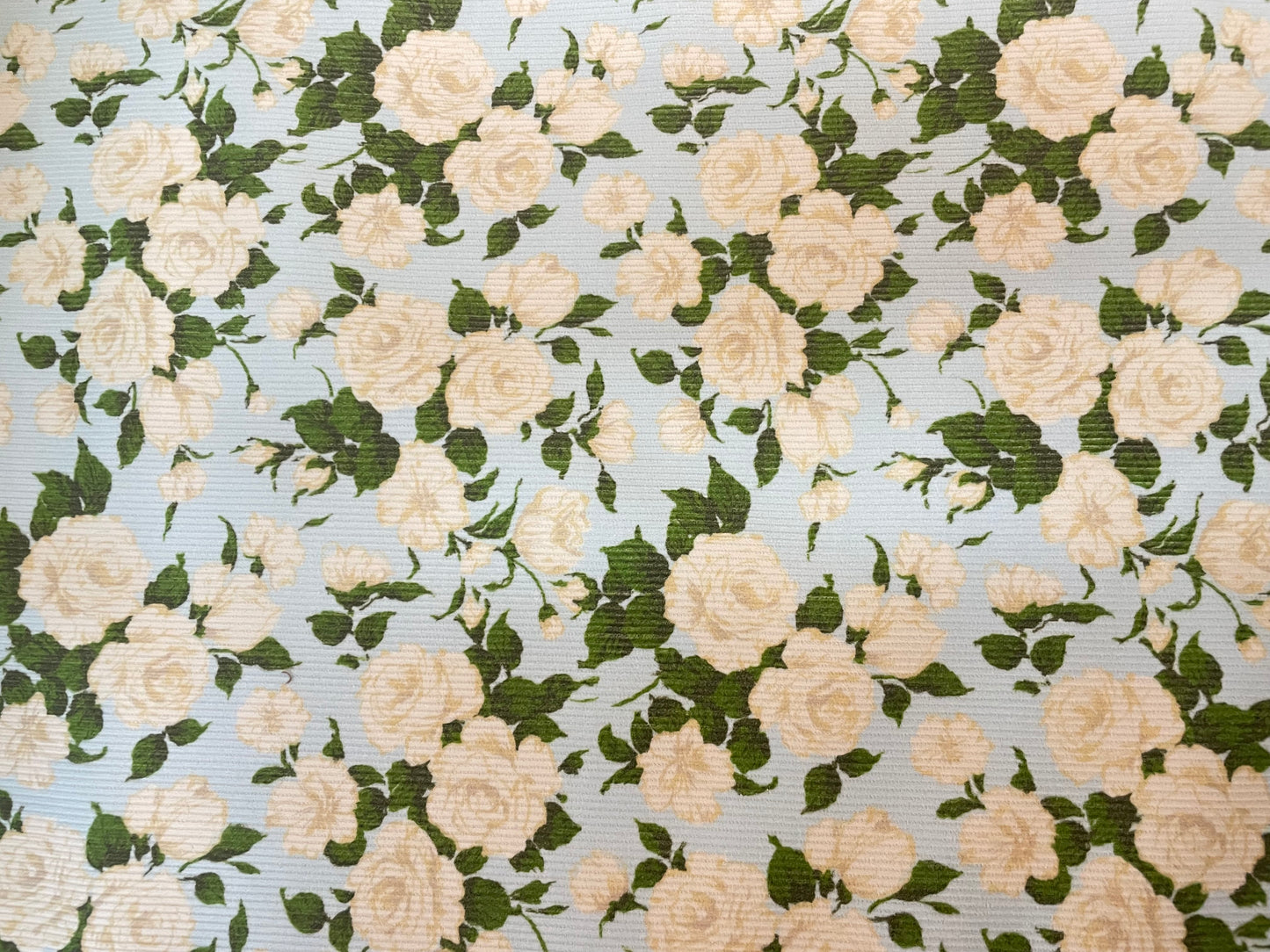 Italian Floral Print Cotton Corduroy - White Rose, Blue & Green