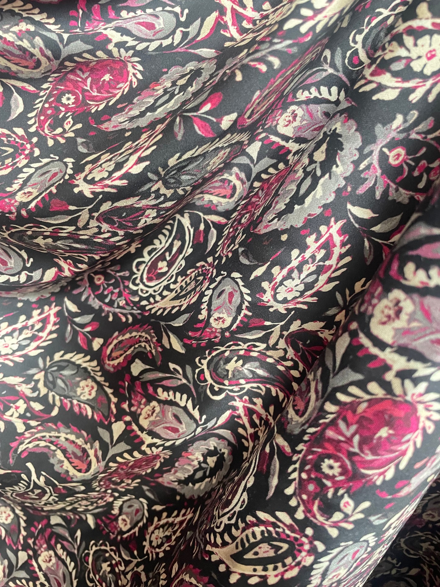 Spanish Stretch Rayon Satin Print - Black, Purple & Off-White Paisley