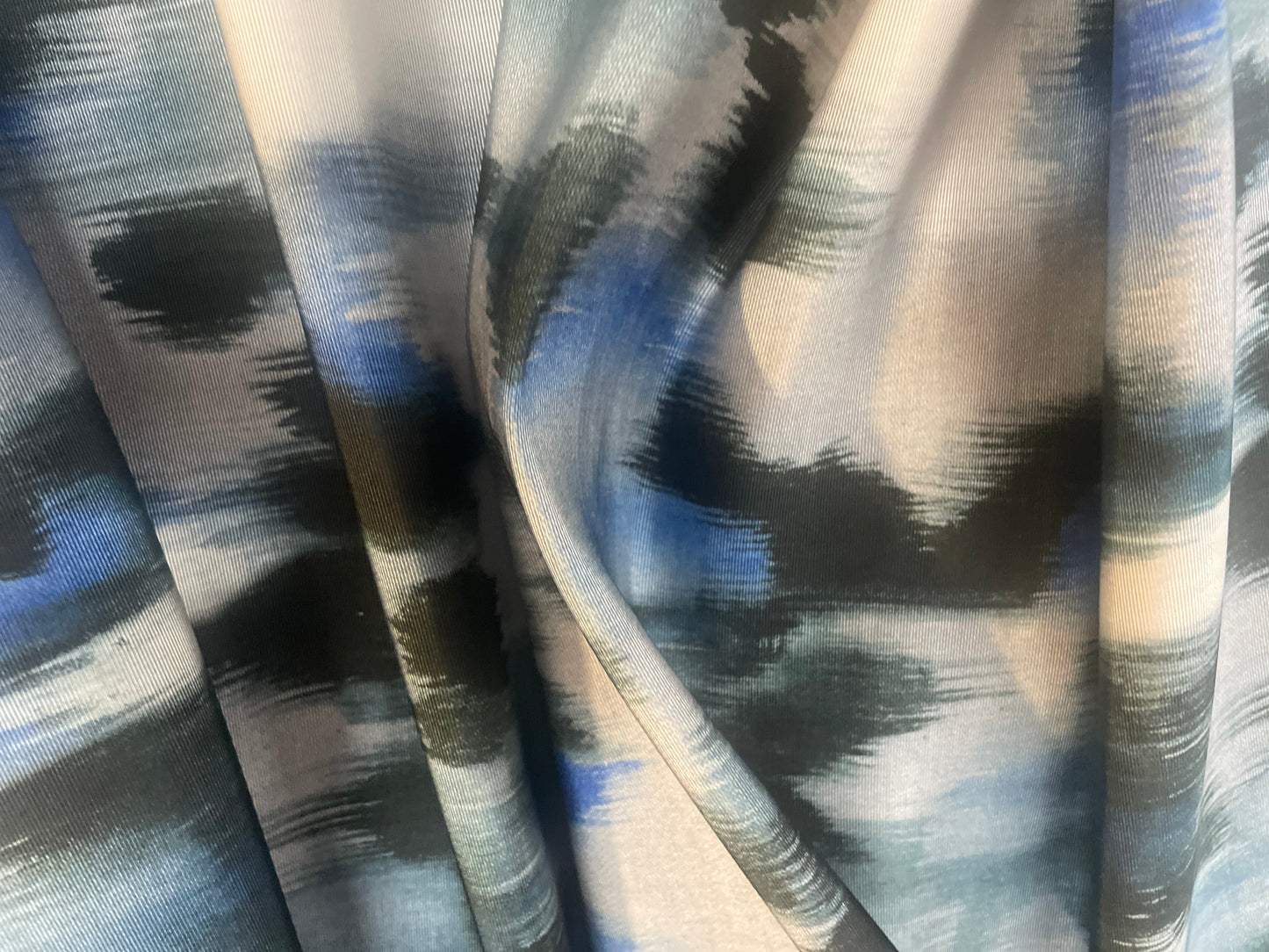 Designer Watercolor Printed Silk Faille - Black, Blue & Off-White