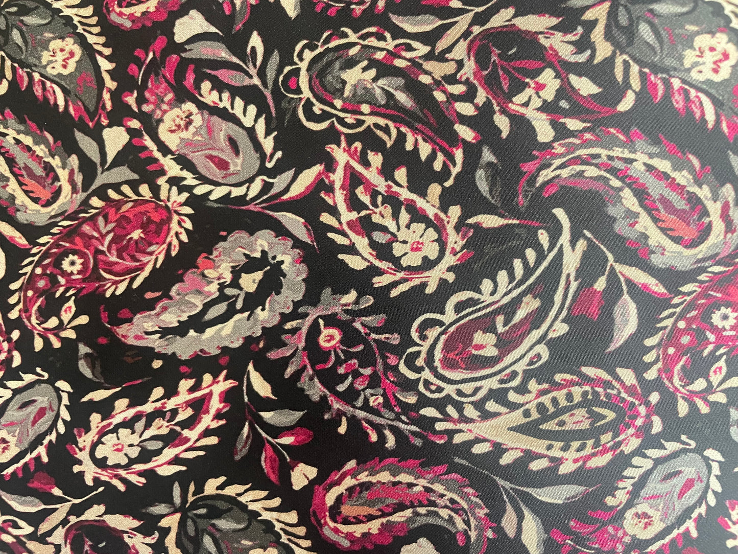 Spanish Stretch Rayon Satin Print - Black, Purple & Off-White Paisley