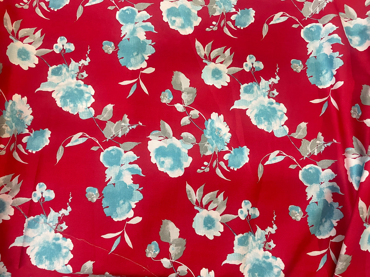 Floral Print Cotton Sateen - Blue, Red & White