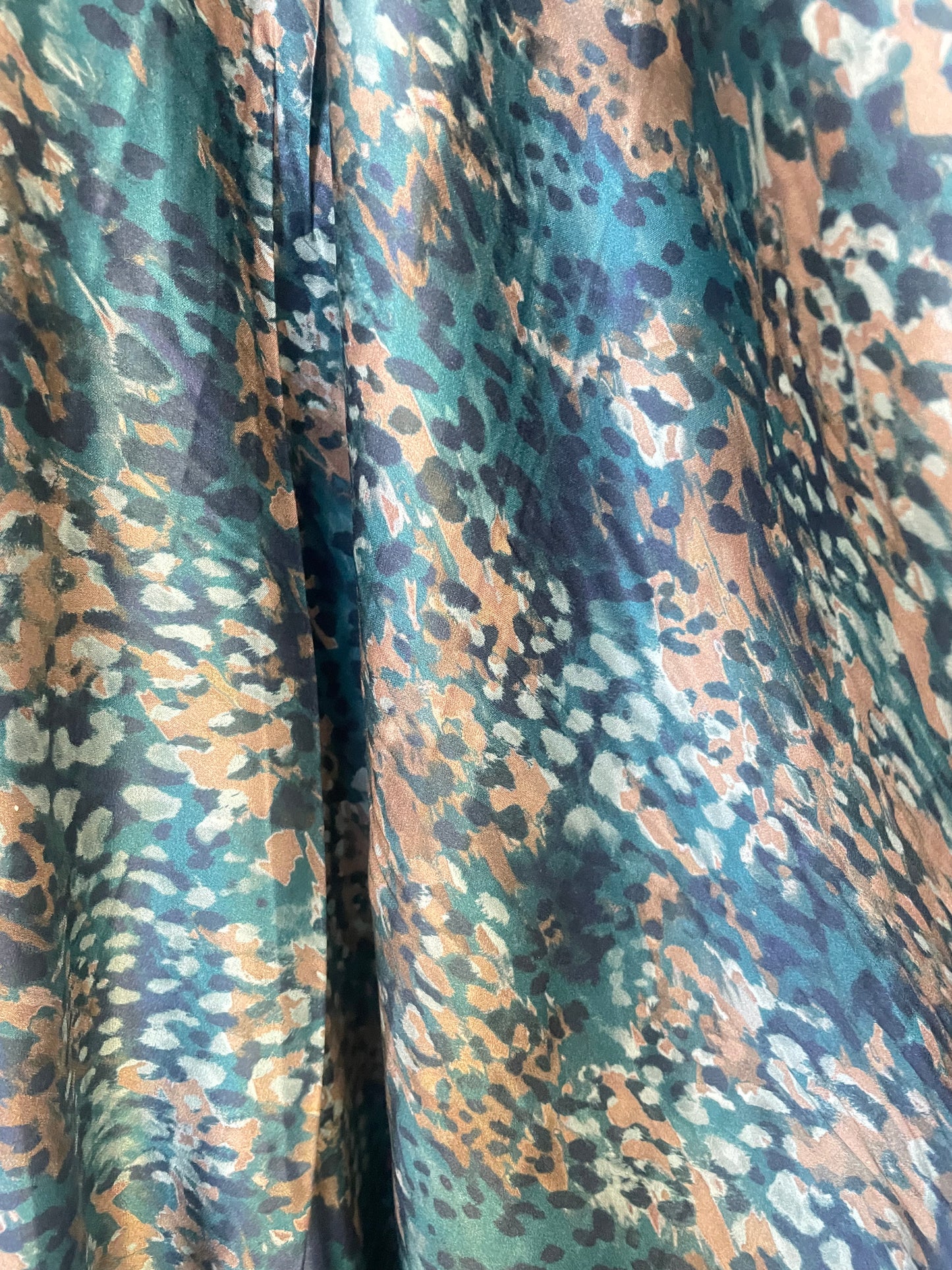 Spanish Stretch Rayon Satin Print - Blue, Teal & Copper Cheetah