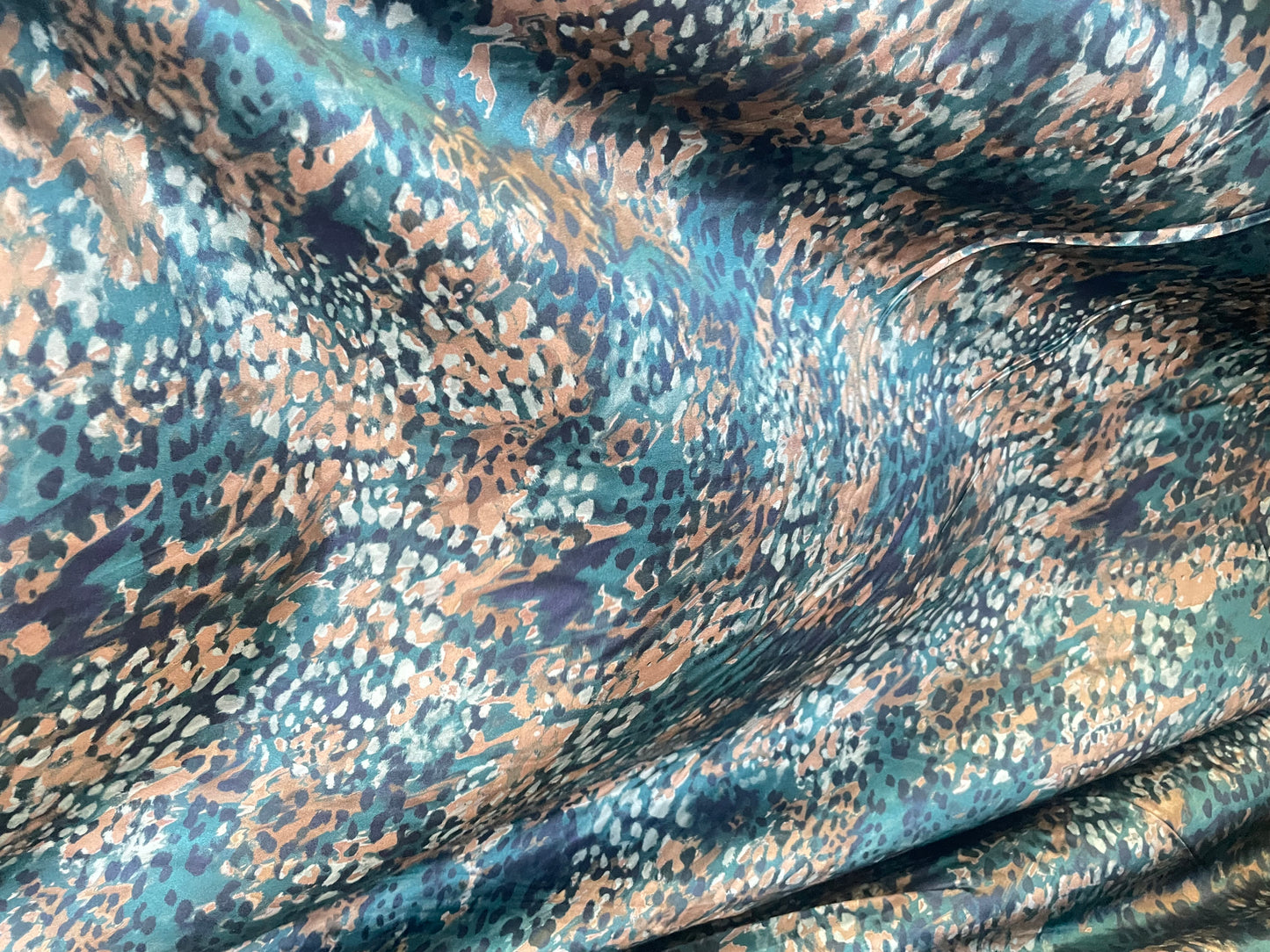 Spanish Stretch Rayon Satin Print - Blue, Teal & Copper Cheetah