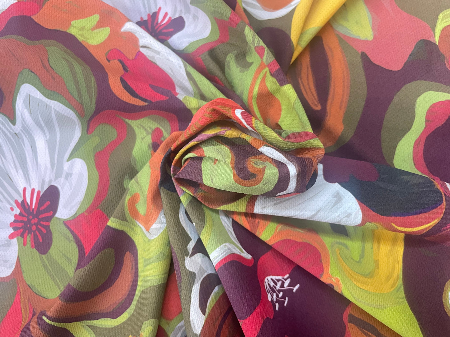 Italian Textured Poly Jersey Print - Green, Orange & Red