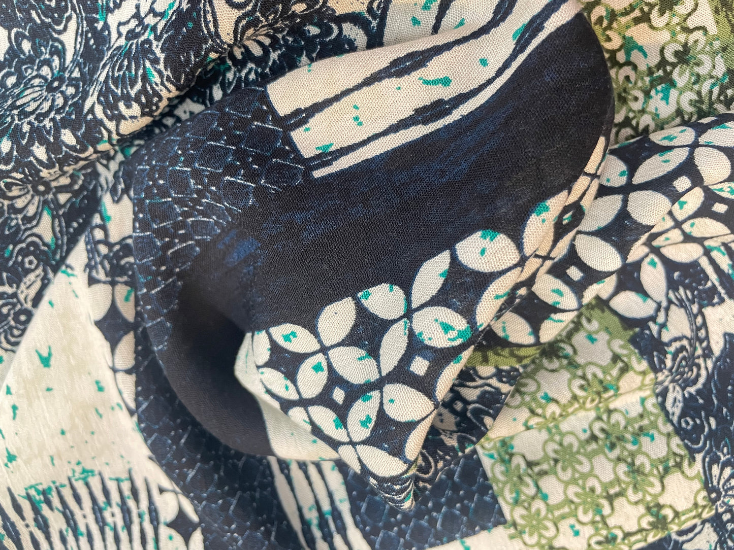 Textured Lightweight Cotton - Patchwork Print - Blue, White & Green