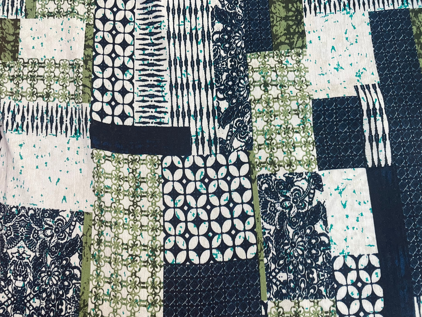 Textured Lightweight Cotton - Patchwork Print - Blue, White & Green