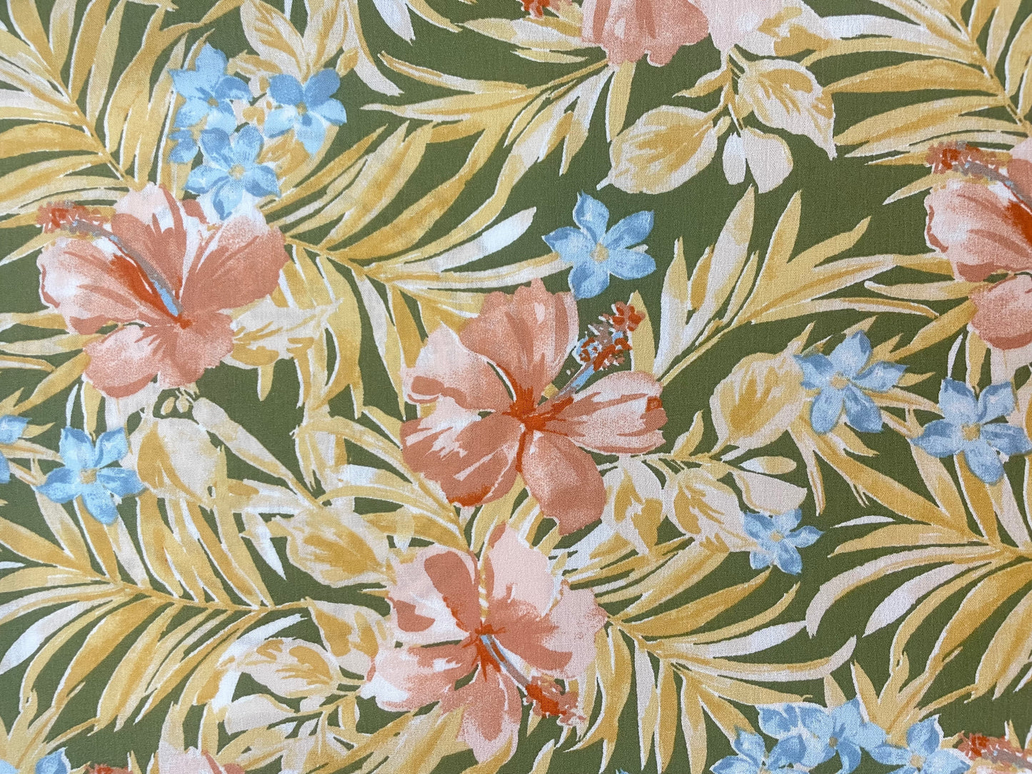 Textured Lightweight Cotton - Tropical Floral - Olive, Yellow & Blue
