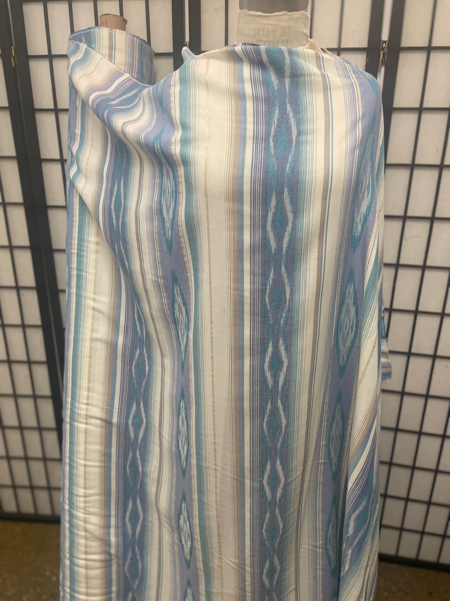 American Stripe Print Cotton - Off White, Brown and Turquoise, Lurex