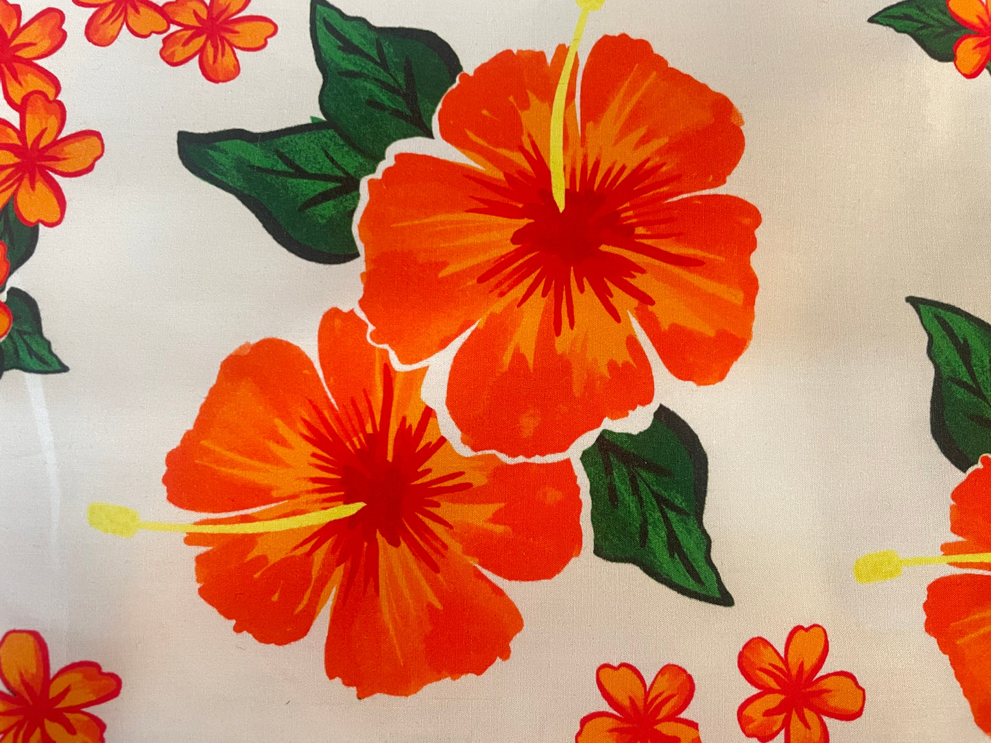 Designer Hawaiian Floral Print Cotton Poplin - Orange, White & Green