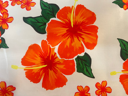 Designer Hawaiian Floral Print Cotton Poplin - Orange, White & Green