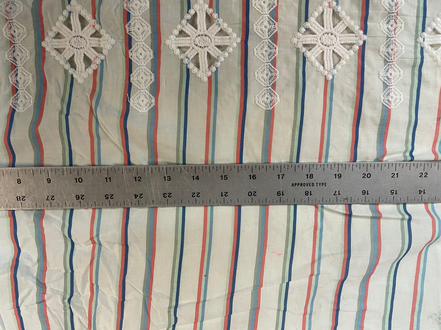 Stripe Cotton with Lace Selvedge - White, Peach, Blue & Green