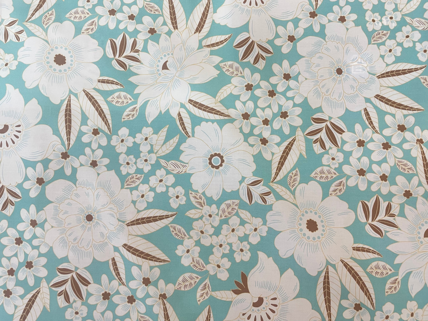 Designer Tropical Floral Print Cotton Poplin - Teal, White & Brown