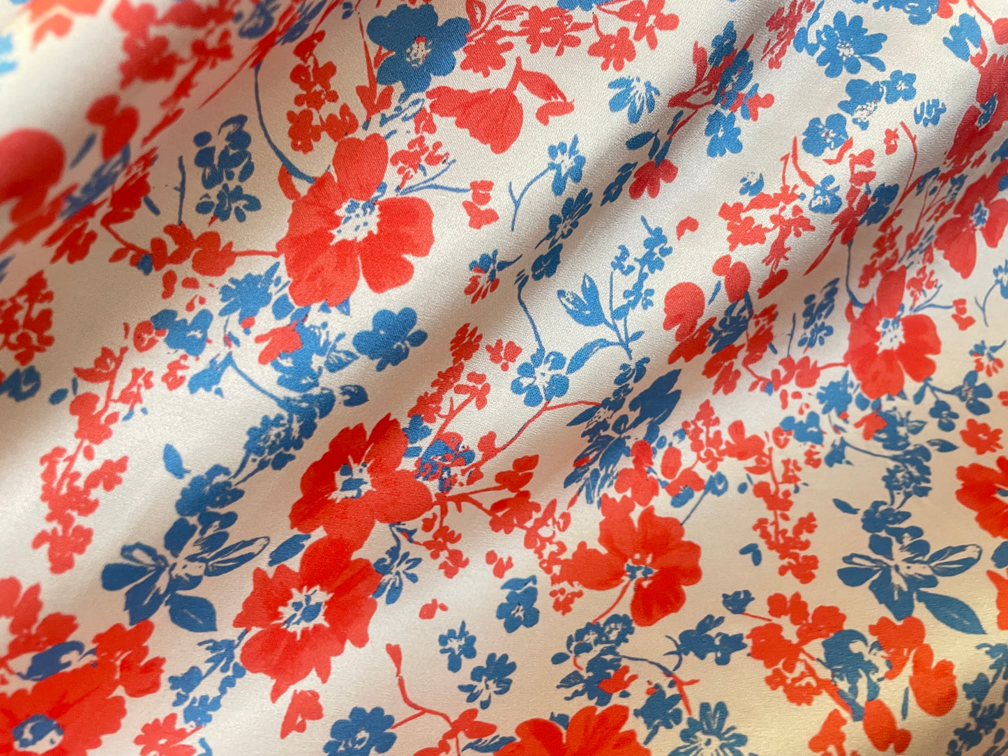 Spanish Stretch Rayon Satin Print - Coral & Blue Floral