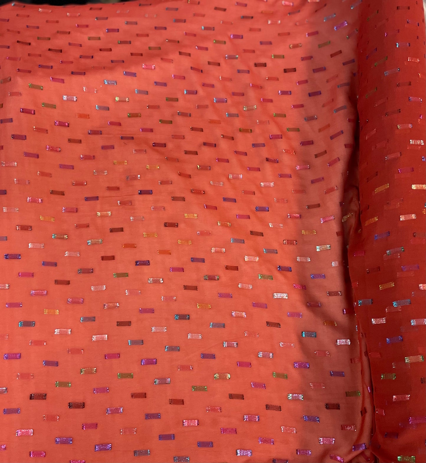 Italian Metallic Embroidered Silk Chiffon - Red & Multicolor Lurex
