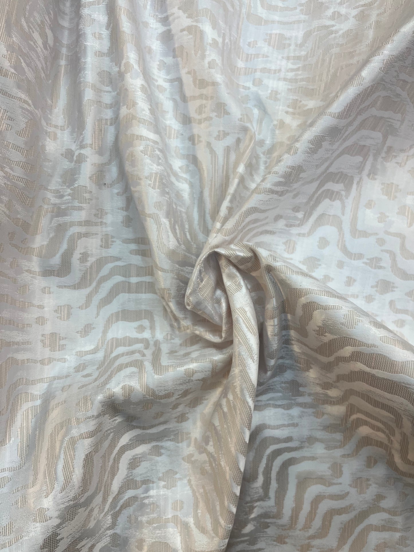 Metallic Abstract Printed Poly Brocade - White & Tan