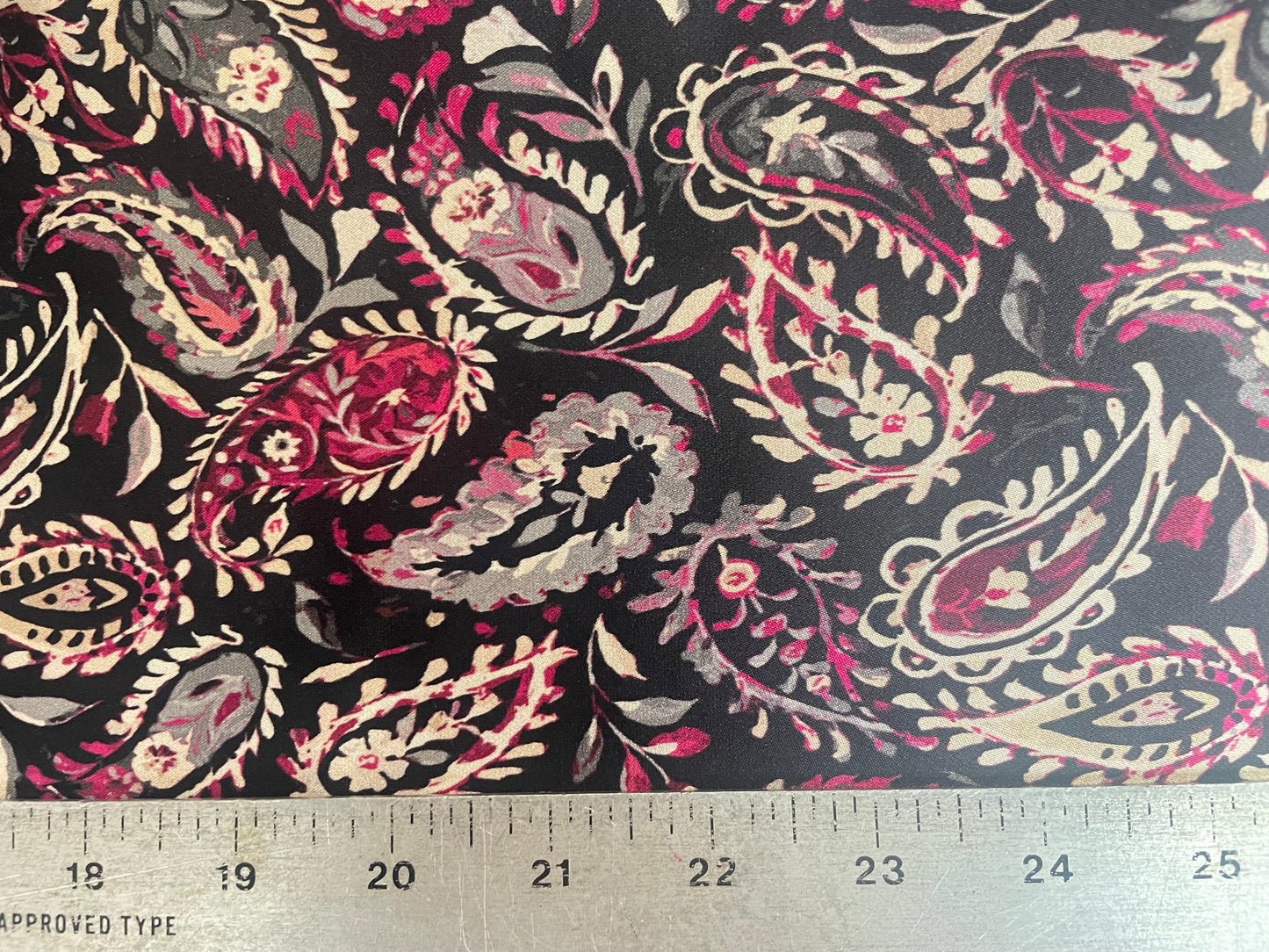 Spanish Stretch Rayon Satin Print - Black, Purple & Off-White Paisley