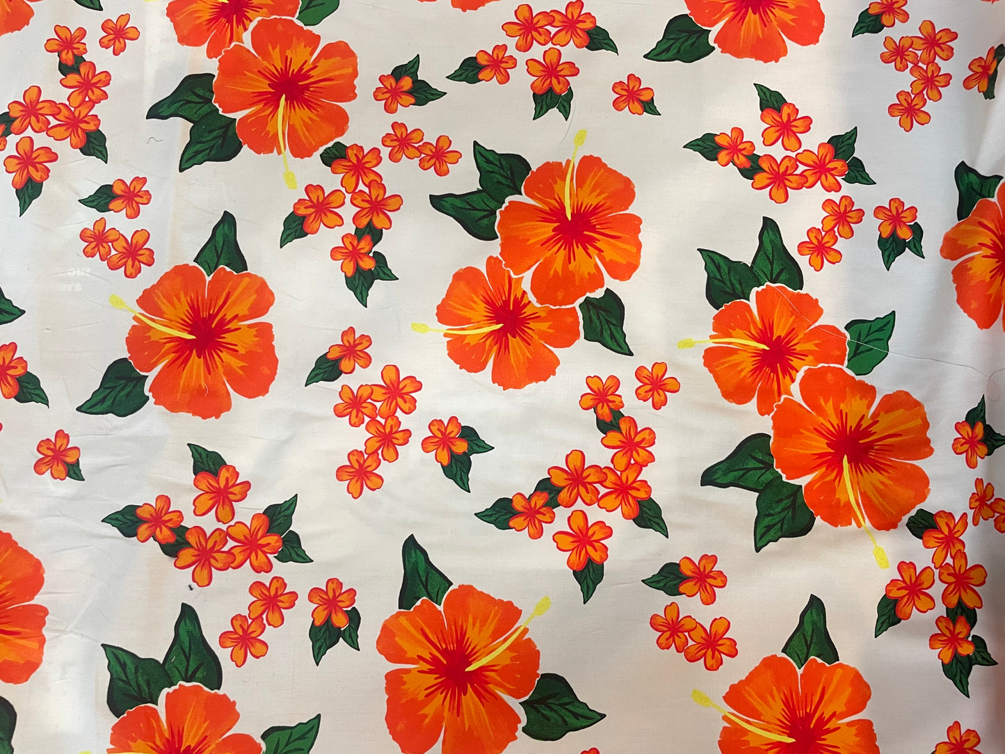 Designer Hawaiian Floral Print Cotton Poplin - Orange, White & Green