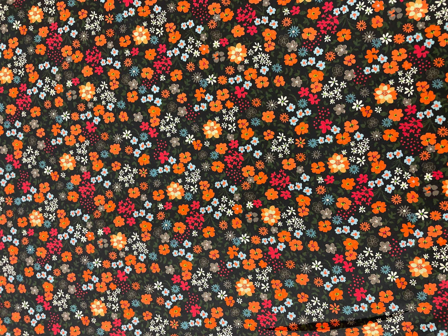 Floral Print Calico Cotton Satin Finish - Red, Orange, Blue & Black
