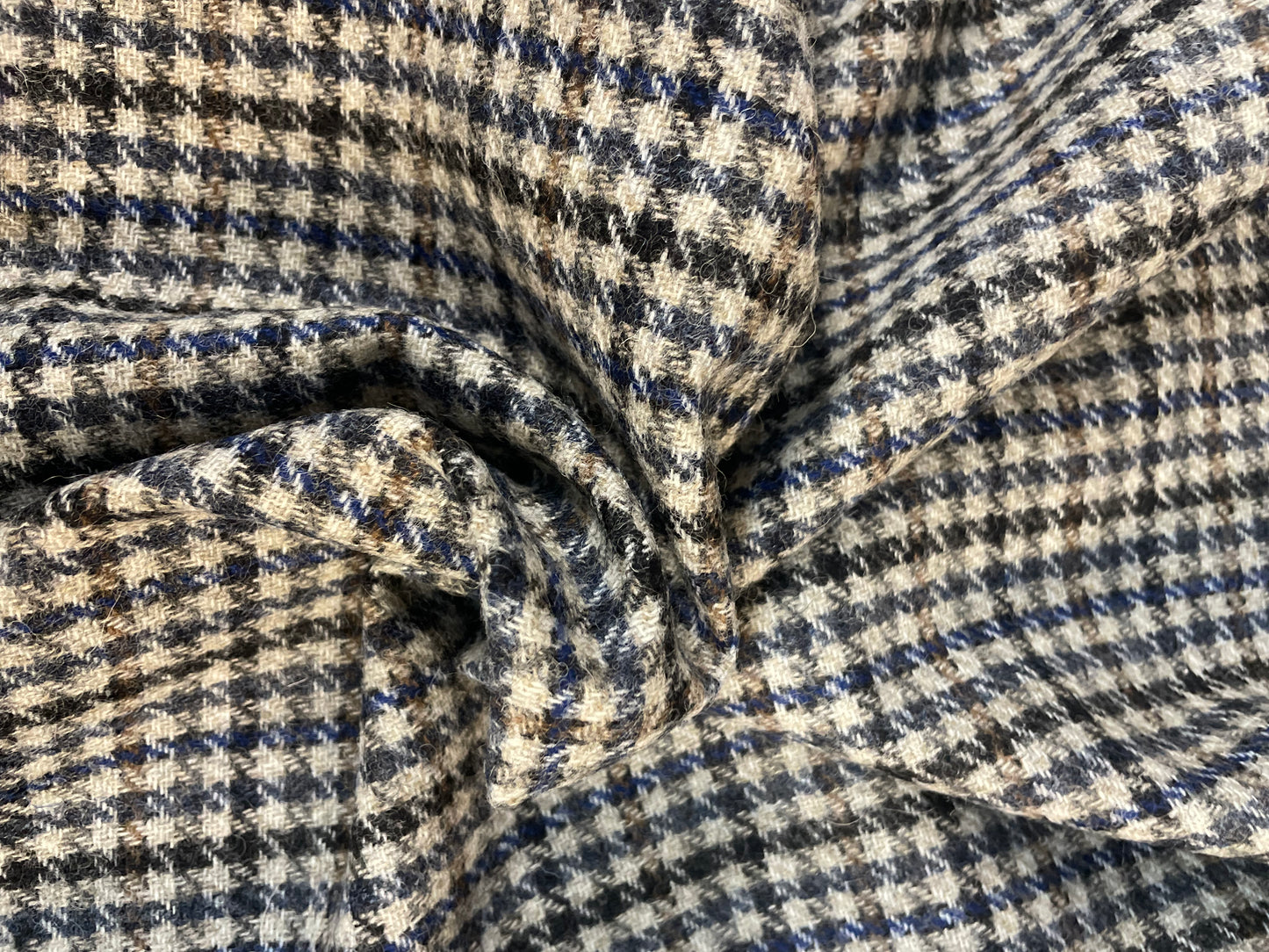Wool Plaid Houndstooth - Beige, Blue & Tan