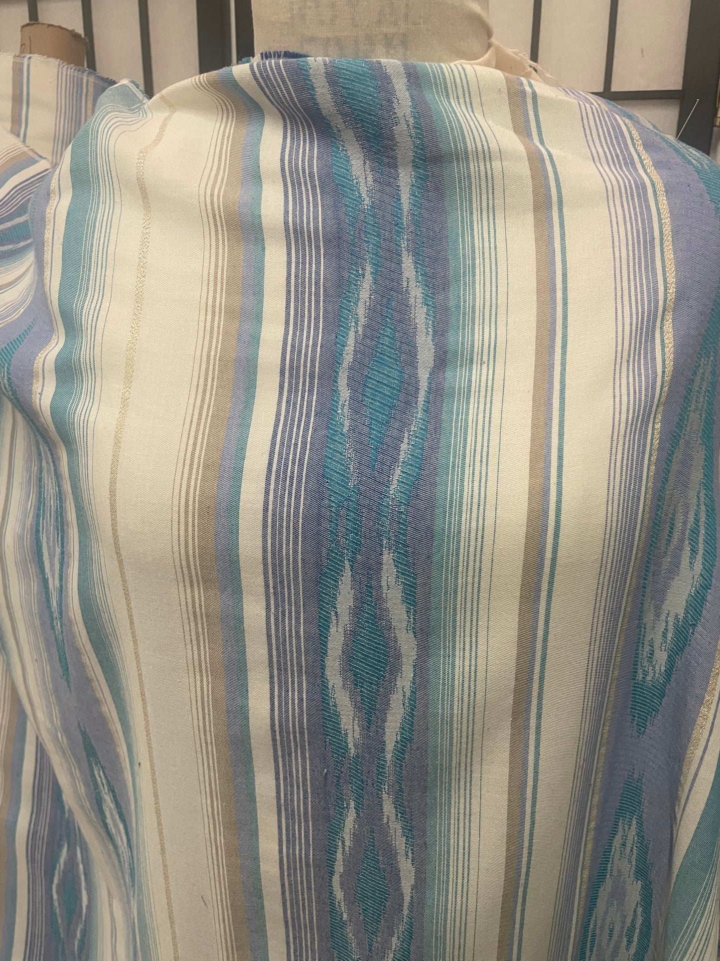 American Stripe Print Cotton - Off White, Brown and Turquoise, Lurex