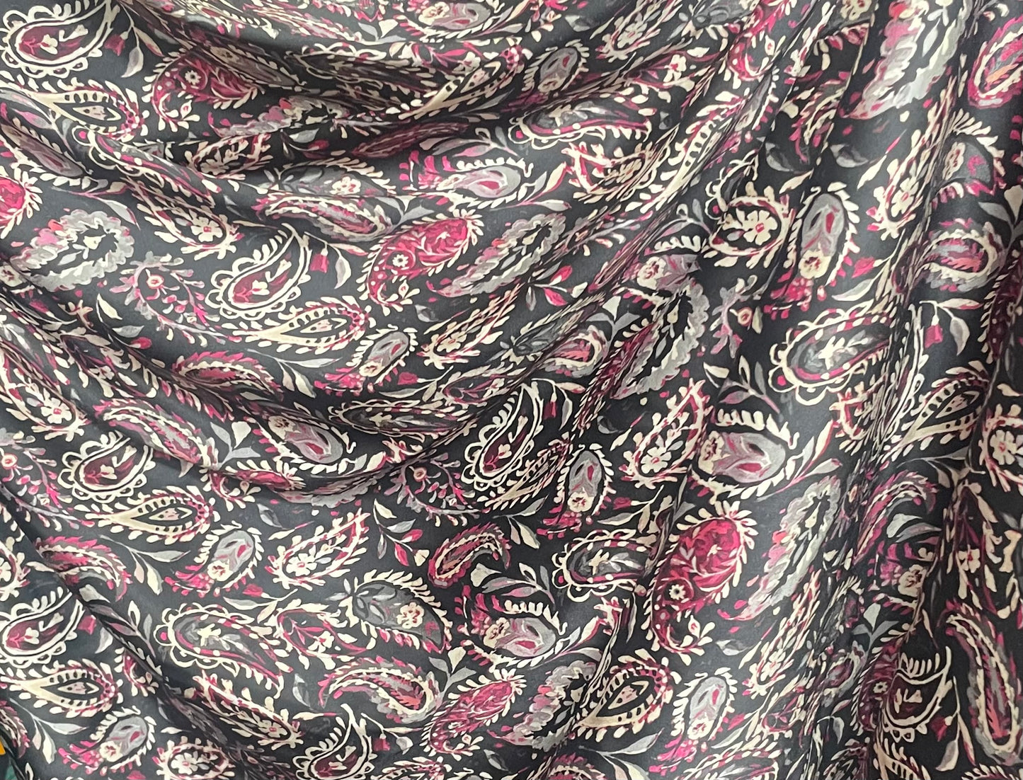 Spanish Stretch Rayon Satin Print - Black, Purple & Off-White Paisley