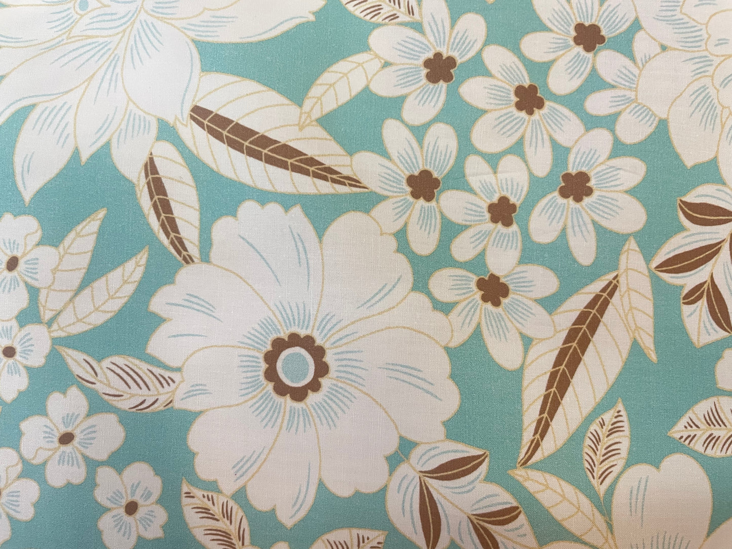 Designer Tropical Floral Print Cotton Poplin - Teal, White & Brown