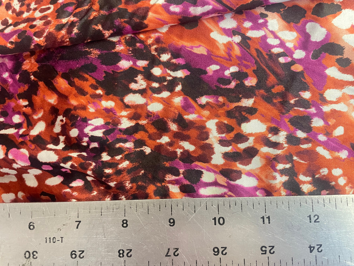 Spanish Stretch Rayon Satin Print - Orange, Purple & Black Cheetah