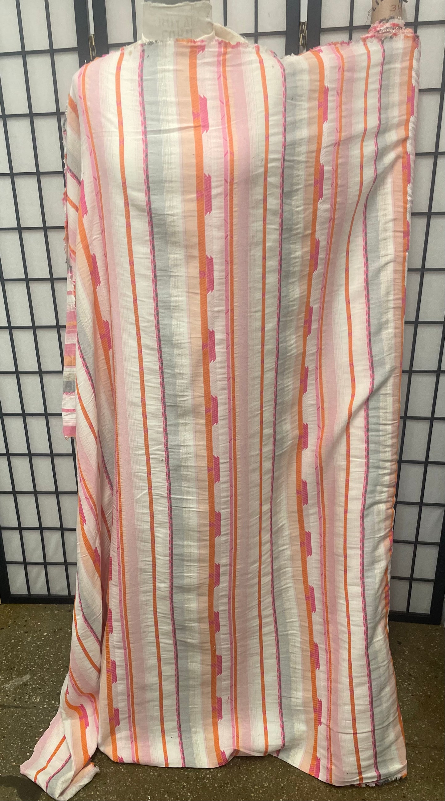 Stripe Print Cotton - Off White, Gray, Orange, Pink & Lurex