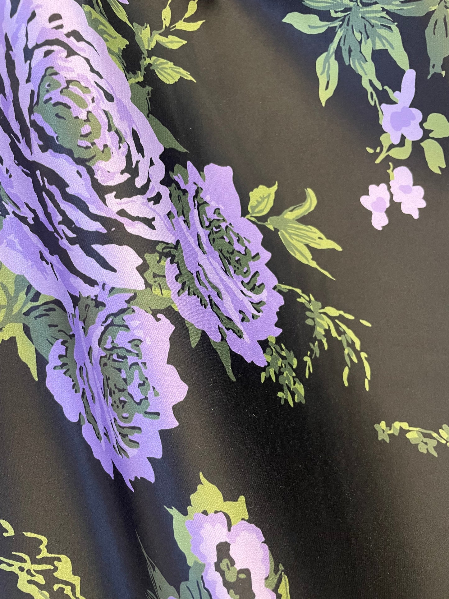 Italian Floral Print - Matte Poly Satin - Purple, Green & Black