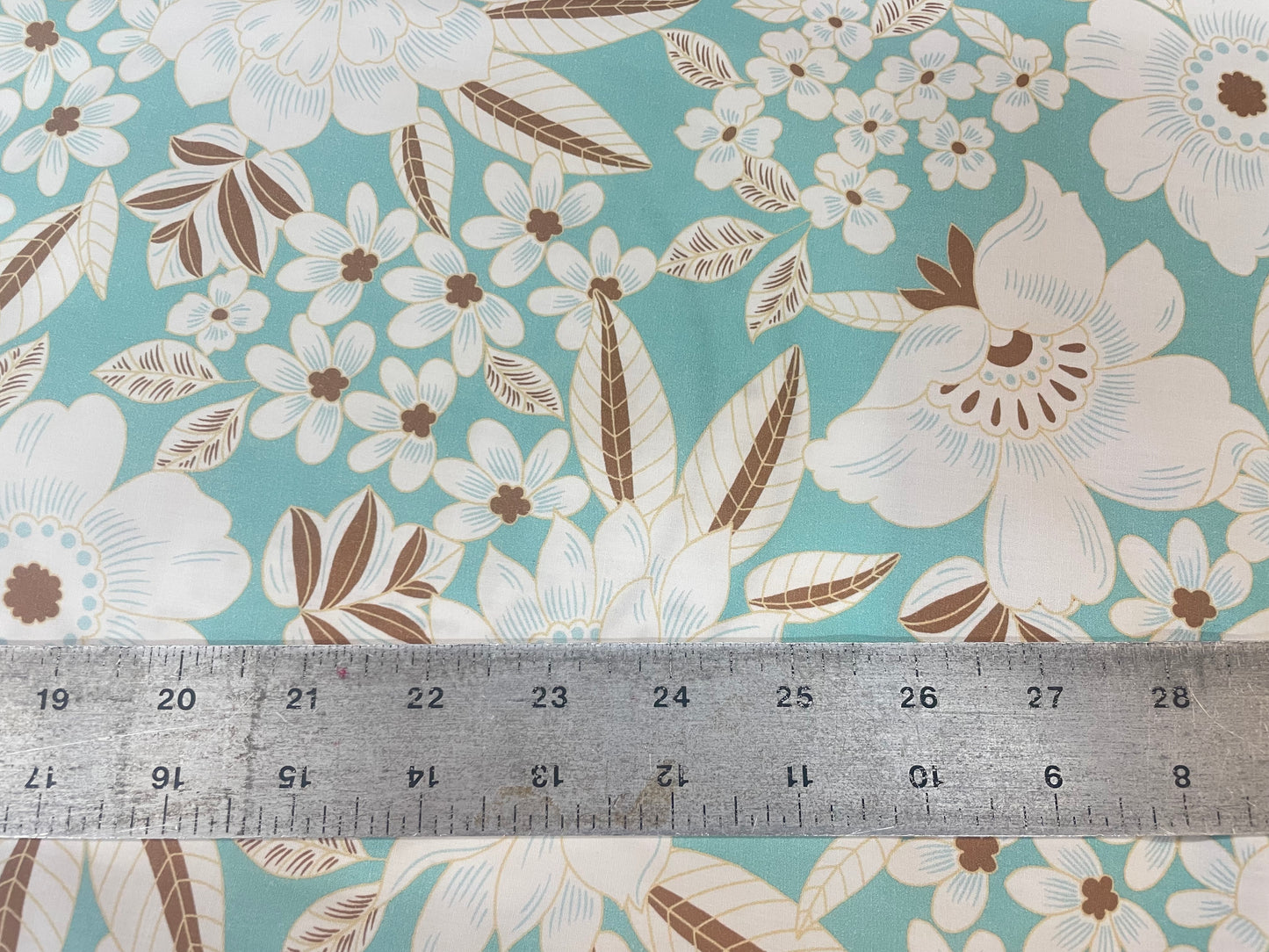 Designer Tropical Floral Print Cotton Poplin - Teal, White & Brown
