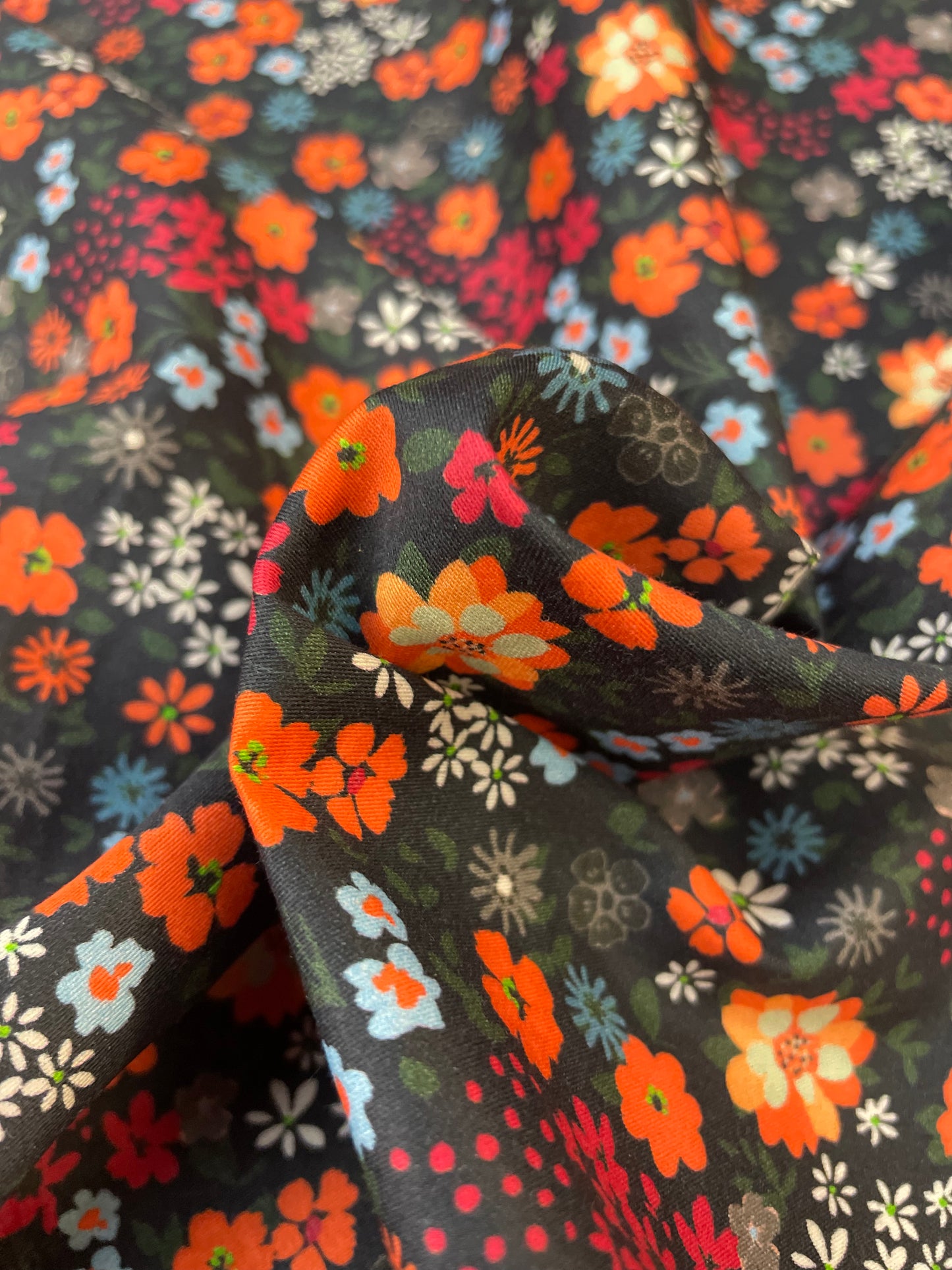 Floral Print Calico Cotton Satin Finish - Red, Orange, Blue & Black