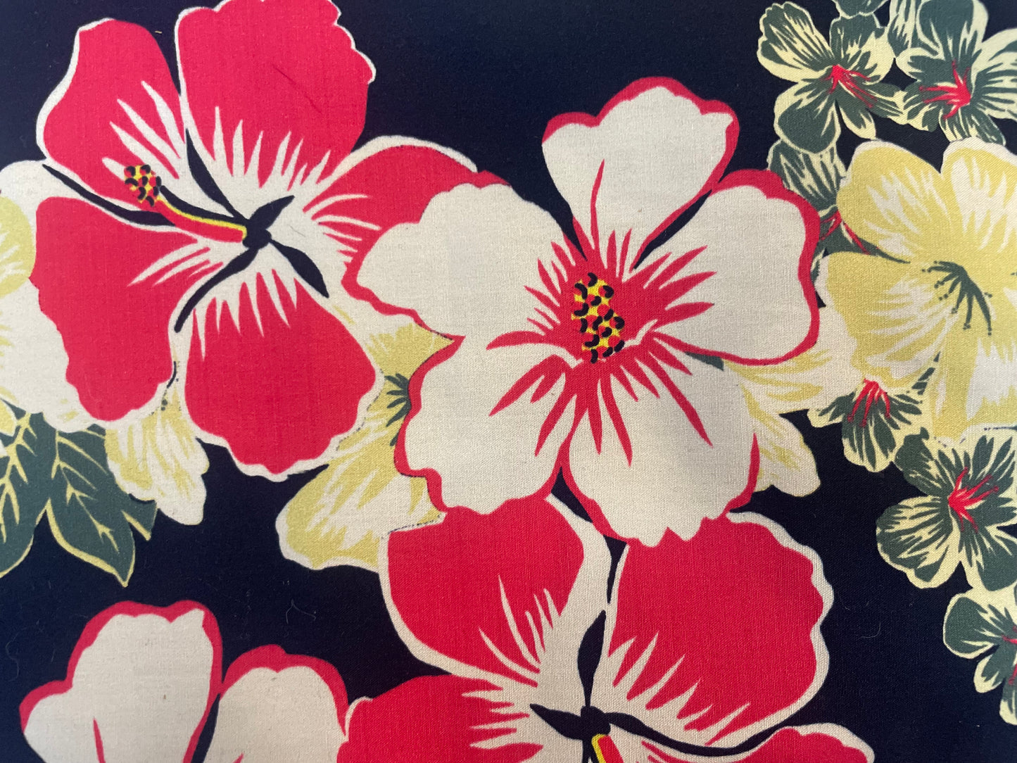 Designer Hawaiian Floral Print Cotton Poplin - Navy, Pink & Yellow