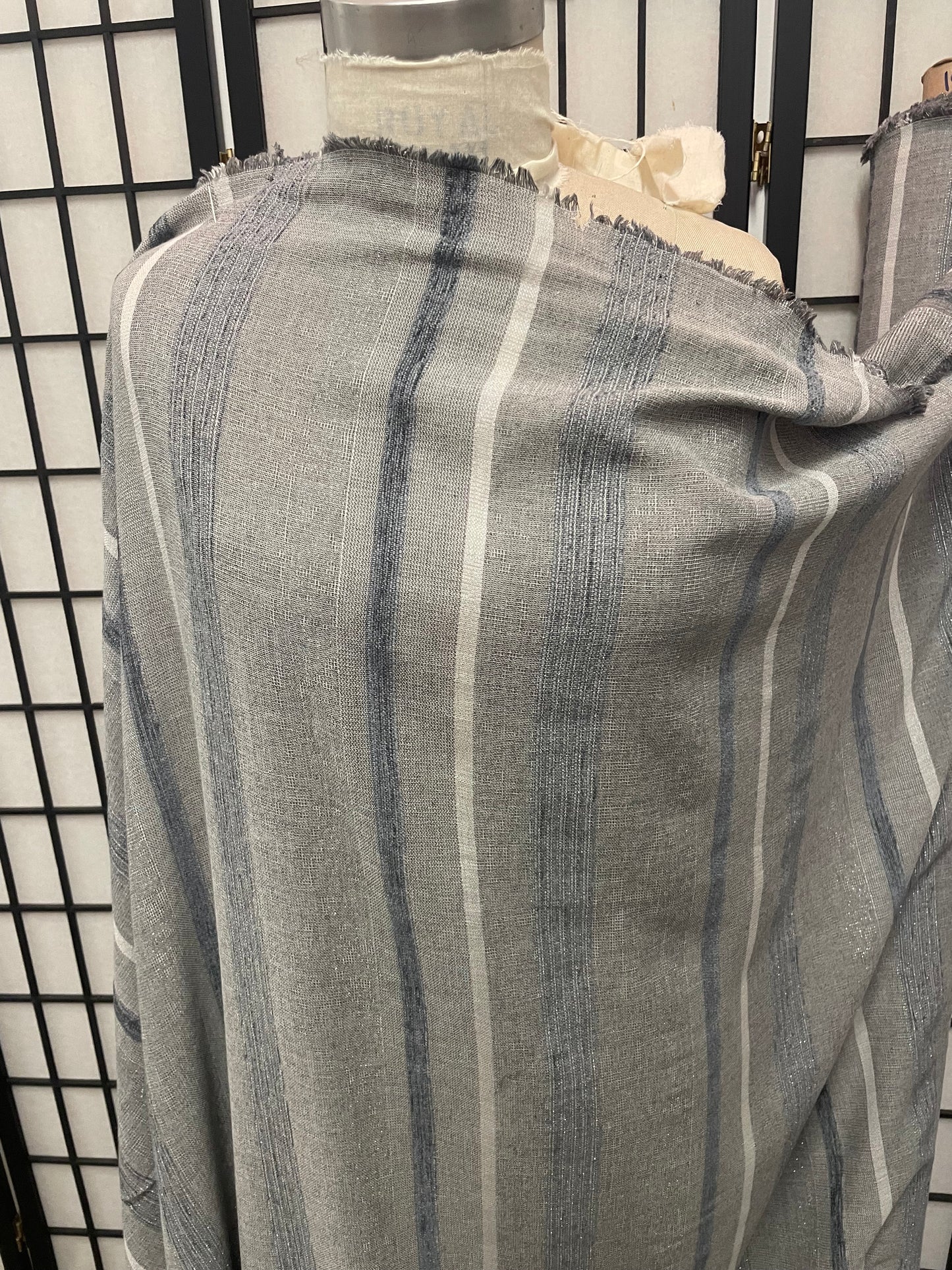 Stripe Print Cotton Voile - Blue, Grey, Off White, Lurex