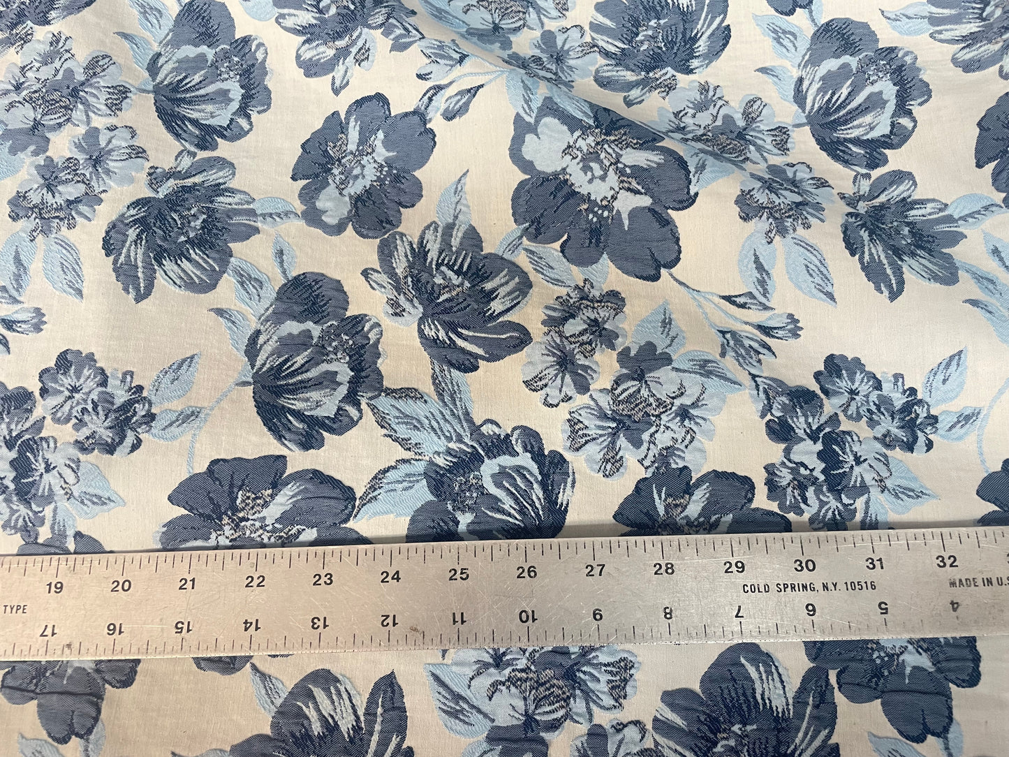 Designer Floral Cotton Brocade - Ivory, Blue & Navy