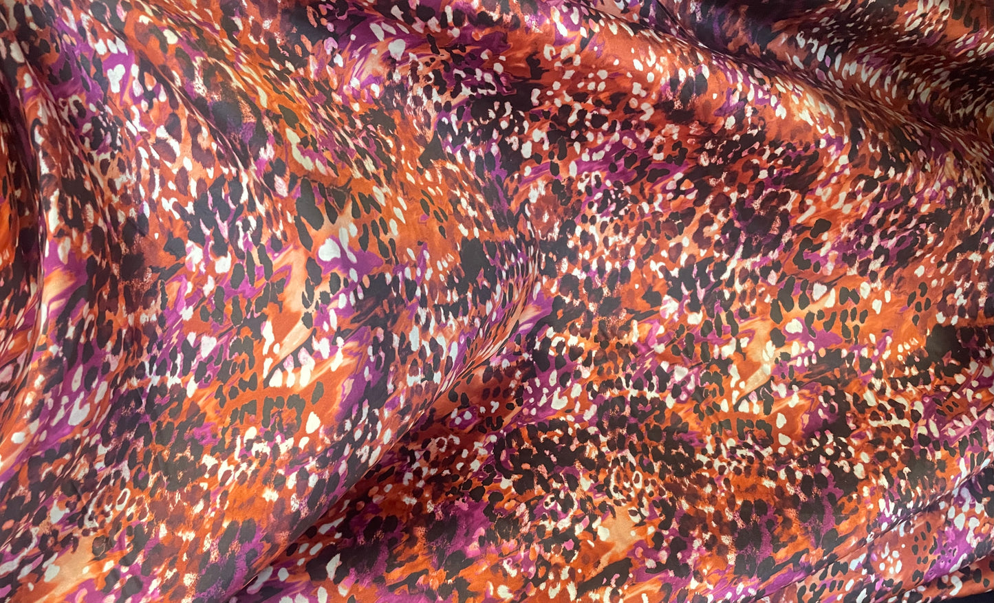 Spanish Stretch Rayon Satin Print - Orange, Purple & Black Cheetah