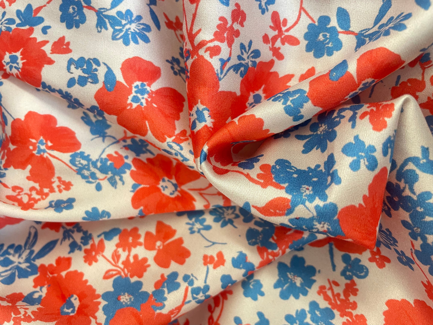 Spanish Stretch Rayon Satin Print - Coral & Blue Floral