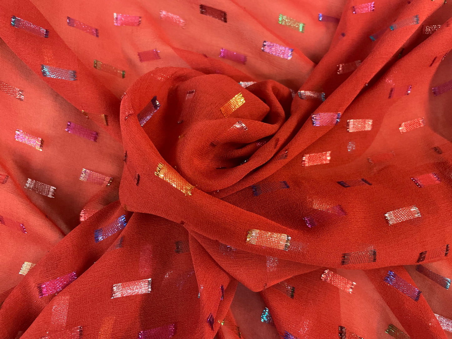 Italian Metallic Embroidered Silk Chiffon - Red & Multicolor Lurex