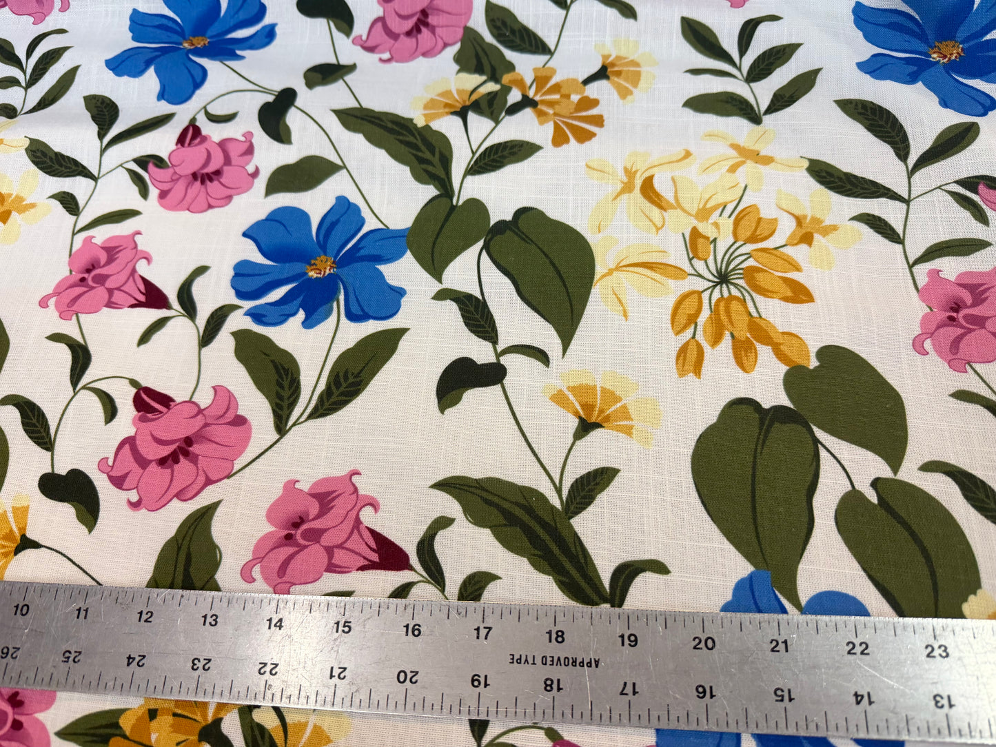 Linen Rayon Floral Print - White, Pink, Blue, Yellow & Green