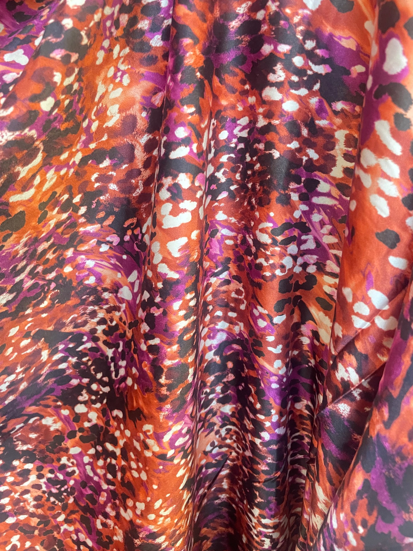 Spanish Stretch Rayon Satin Print - Orange, Purple & Black Cheetah
