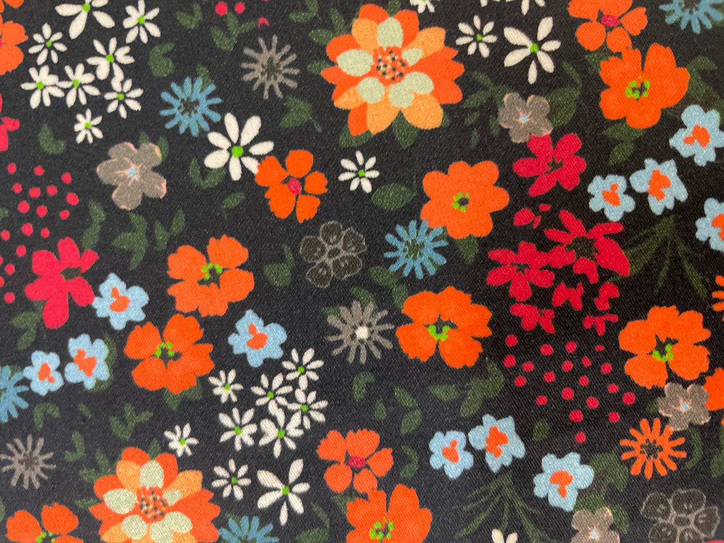 Floral Print Calico Cotton Satin Finish - Red, Orange, Blue & Black