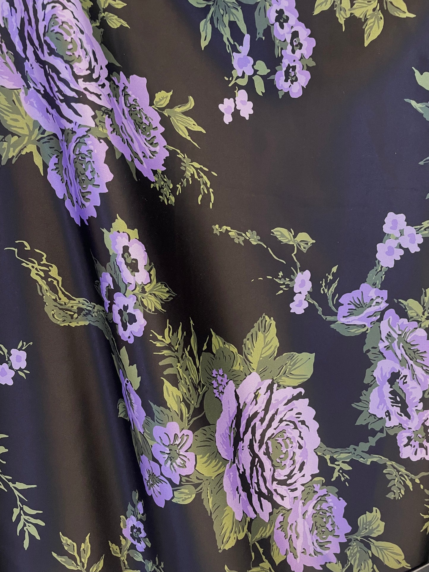 Italian Floral Print - Matte Poly Satin - Purple, Green & Black