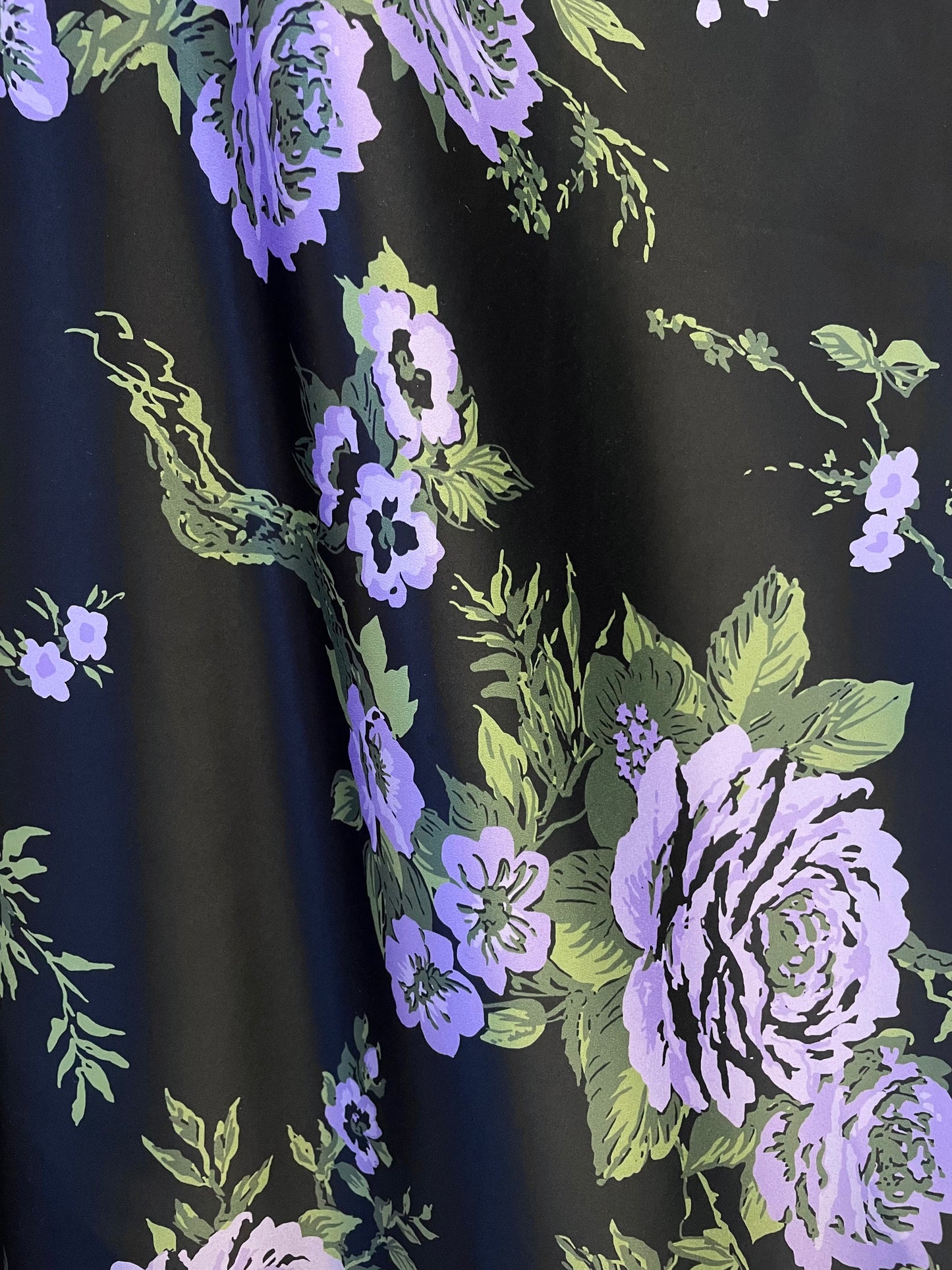 Italian Floral Print - Matte Poly Satin - Purple, Green & Black