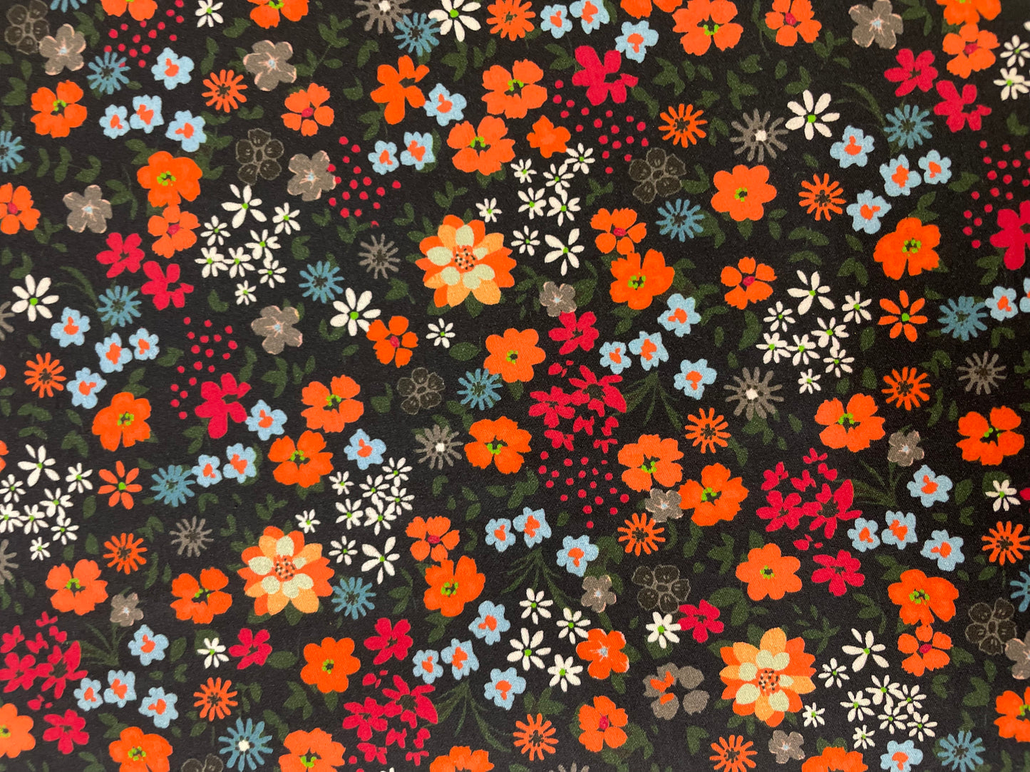 Floral Print Calico Cotton Satin Finish - Red, Orange, Blue & Black
