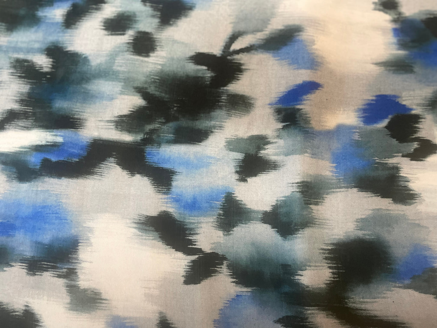 Designer Watercolor Printed Silk Faille - Black, Blue & Off-White
