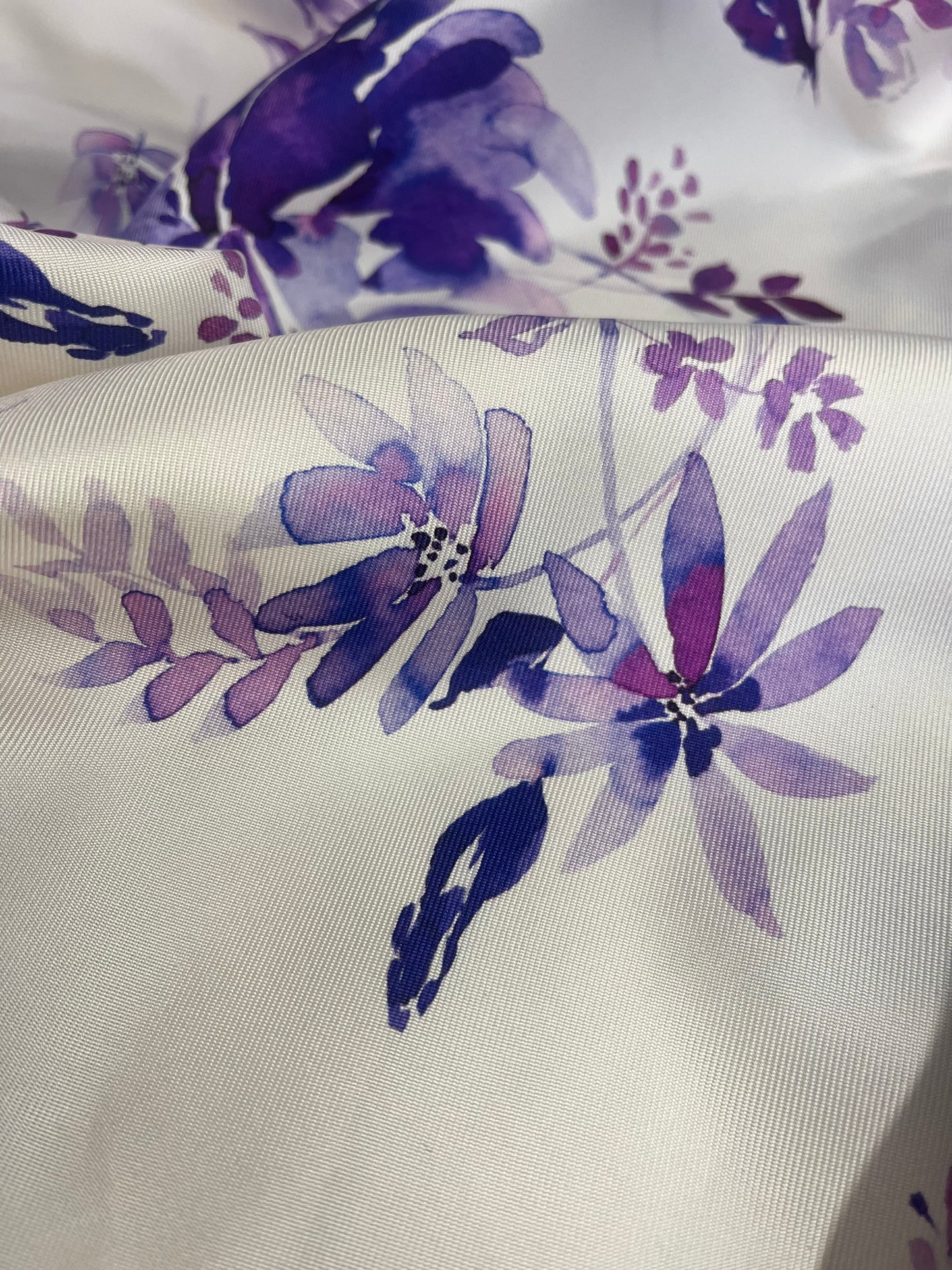 Watercolor Floral Silk Twill - Purple & White