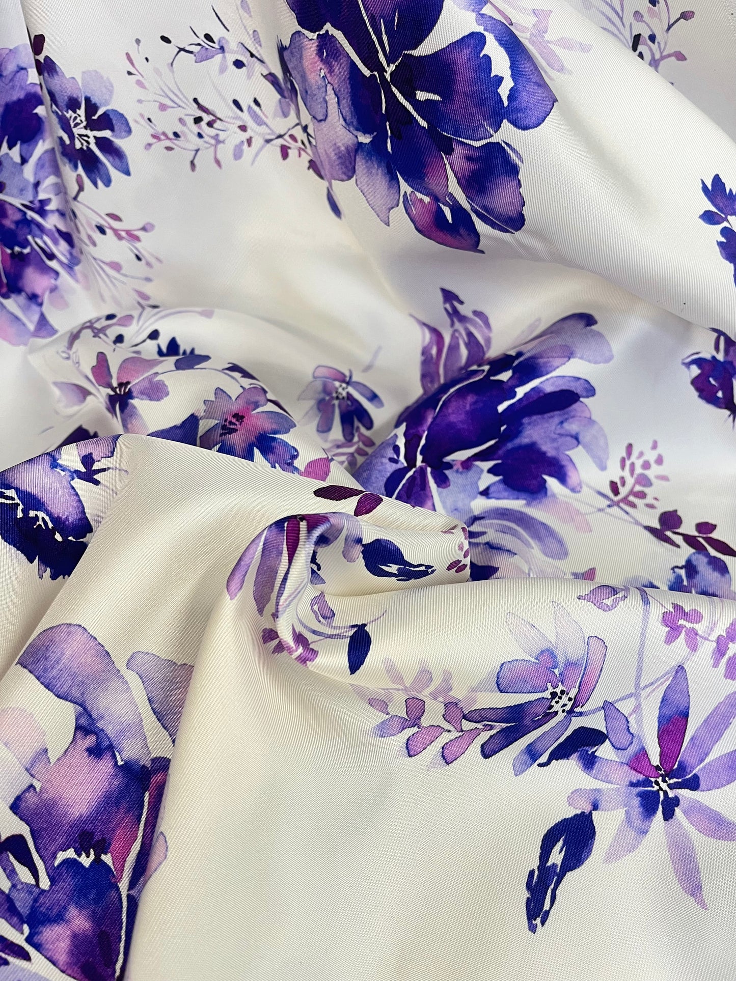Watercolor Floral Silk Twill - Purple & White