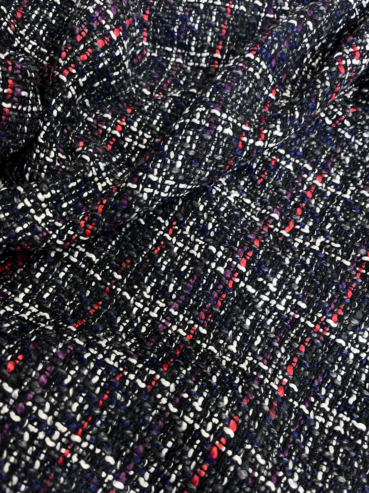 Poly Rayon Woven Boucle - Charcoal, Red, Blue Purple & White